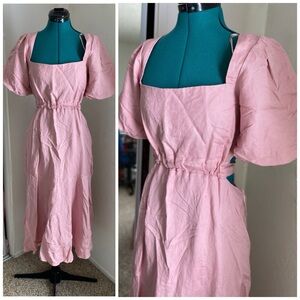 Astr the Label  Linen Pink Midi Open Back Dress with Puff Sleeves M